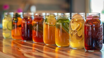 A row of mason jars filled with a variety of homemade nonalcoholic shrubs a flad vinegarbased beverage await a taste test by a curious group of friends.
