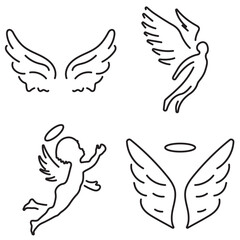Group of black angel icons on a white background. Vector illustration.