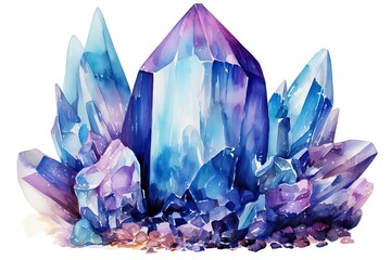 Crystal cluster with shimmering facets reflecting light, painted in vibrant hues of blue and purple, detailed watercolor, isolated on white background