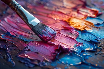 Fototapeta premium Close-up of paintbrush on paint palette
