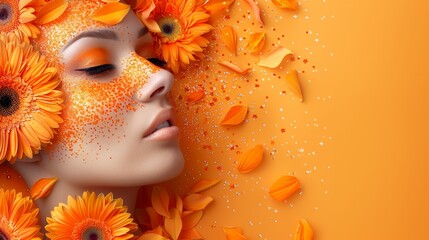 A beautiful woman&#039;s head with flowers, leaves, and petals flying around her face, in the style of surrealism, isolated on an orange background.