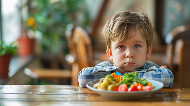 Boy with arms crossed at the dinner table who won't eat
