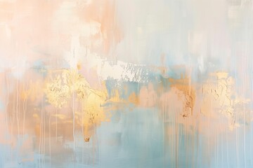 Abstract acrylic texture in shades of soft blues, white, peach and gold foil. Background for high-end cosmetic or fashion product. Design for interior print and textile.