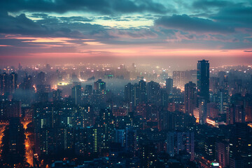 Twilight Cityscape A mesmerizing tableau of a city at twilight with the lights of buildings twinkling against the dusky sky creating a scene of urban beauty and tranquility.