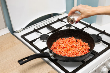 housewife salting minced meat lying in a frying pan