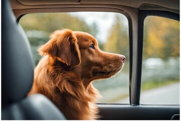 Dog travel by car. Nova Scotia Duck Tolling Retriever looking through window on road.
