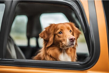 Dog travel by car. Nova Scotia Duck Tolling Retriever looking through window on road.