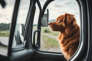 Dog travel by car. Nova Scotia Duck Tolling Retriever looking through window on road.