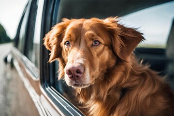 Dog travel by car. Nova Scotia Duck Tolling Retriever looking through window on road.