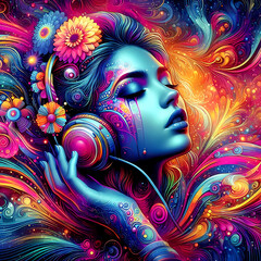 Digital art vibrant colorful psychedelic beautiful woman with headphones vibin to music