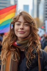 Obraz premium Woman standing in front of rainbow flag