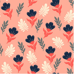 Wildflower seamless botanical pattern with bright plants and flowers on a dark pink background. Colorful stylish floral. Seamless botanical pattern with plants. Leaves in bright colors.