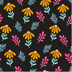 Wildflower seamless botanical pattern with bright plants and flowers on a black background. Modern abstract design for fabric, paper, interior decor. Leaves in bright colors.