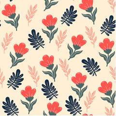 Wildflower seamless botanical pattern with bright plants and flowers on a pastel background. Colorful stylish floral. Leaves in bright colors. Seamless botanical pattern with plants.