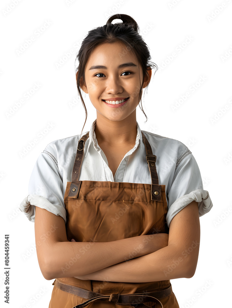 Wall mural a young woman barista or entrepreneur woman with a radiant face and warm smile, wearing white shirt 