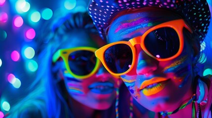 A photo booth with a blacklight backdrop perfect for capturing the glowing party outfits. - obrazy, fototapety, plakaty
