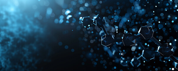 Black and blue gradient background with minimal futuristic polygonal molecule structure complex formations of tiny molecular polygons with a modern abstract flair.