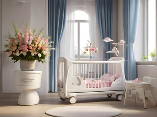 interior of a bedroom with baby cot 