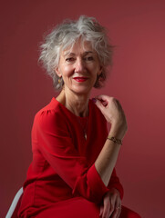 portrait of a middle aged lady on a flat strong colour background. Award winning photography