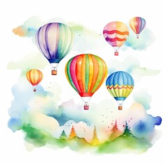 Obraz premium A whimsical scene of hot air balloons in bright colors, each with unique designs, soaring amidst gentle clouds, watercolor style on a white background, cartoon