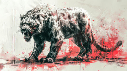 Sabertooth Tiger Illustration.  Generated Image.  A digital illustration of a sabertooth tiger, full body on four legs, elegant gaurdian pose, simplistic vector art with pencil lines.