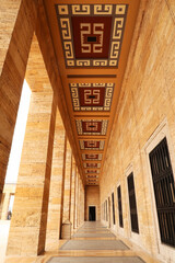 Collonade, aisle with colorful patterns on the ceiling at the Anitkabir monument, complex,...