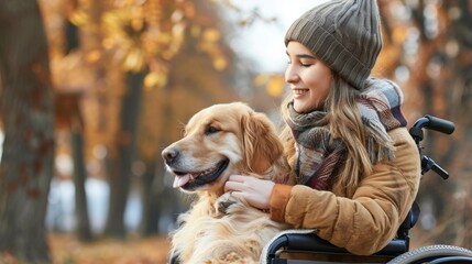 Dog with a girl on wheelchair in outdoor park - Powered by Adobe