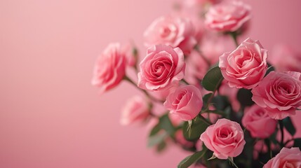 Obraz premium Bouquet of pink roses on a soft pink background. Beauty and holiday concept. Design for wedding invitation, greeting card. Celebration banner with copy space.