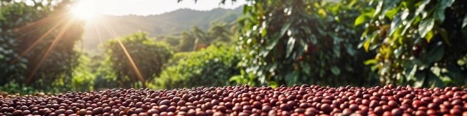 A branch of ripe red coffee beans on the background of a coffee plantation. Red coffee beans, a lush coffee tree. A type of coffee plantation in Colombia or Brazil. - Powered by Adobe