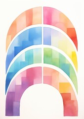 A sequence of bold, saturated rainbow arches, each featuring a different primary color, offering a striking visual impact, watercolor style on a white background, animation 3D