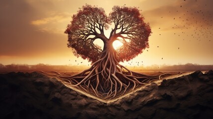 A tree with the roots in the shape of a heart