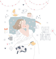 Cute Little Girl sleeping with Cat in Bed. Vector Illustration