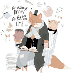 Cute Fox reading Book with Little Boy and Girl. Vector Illustration