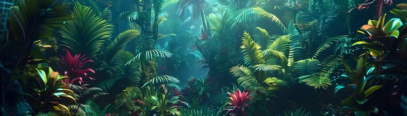Neon Hued Jungle Dreamscape A Primal Luminescent Tropical Realm Awash in Vibrant Foliage and Fantastical Lights