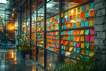 Business or creative presentation Team successful teamwork. Brainstorm meeting with sticky paper notes on glass wall for new ideas, Using agile methodology, Brainstorming in a tech start-up office