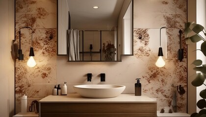 modern bathroom with beige tiles, white sink and dark wood shelf, wall sconce above mirror , generated by AI
