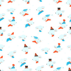 Vector Cute Seamless Pattern with Bunnies on Blue Background