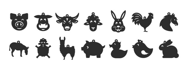 Set of 14 designs with farm animals shape for earrings, pendant or keychain. Funny jewelry silhouette cut template. Laser cutting with leather, wood or metal. Vector stencils