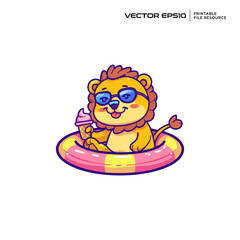 Naklejka premium Lion Summer Holiday character, illustration, mascot, logo, design, vector, eps 10