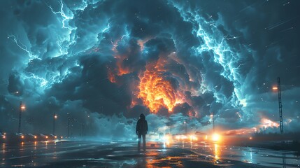 The storm raged on, but the figure stood resolute, facing the full force of nature's fury