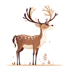 Fototapeta premium A cute cartoon deer with big antlers is standing in a field of grass. The deer is smiling and looks happy. The sun is shining brightly in the background.