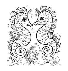Seahorses illustration coloring page - coloring book for kids