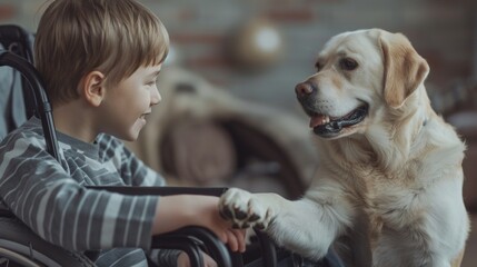 Little kid on wheelchair playing with a dog at home.
