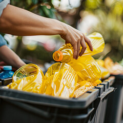 Hands placing yellow plastic bottle in recycling bin. Environmental awareness and conscious plastic use for sustainability. Environmental responsibility and waste reduction. Sustainable practices.