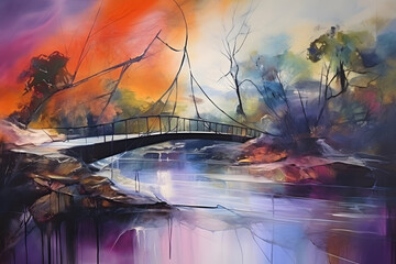 fascinating river spanning bridge, abstract landscape art, painting background, wallpaper, generative ai