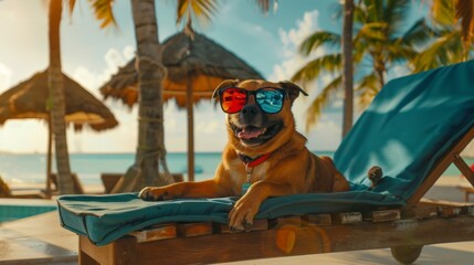 Dog with sunglasses in tropical vacation resort