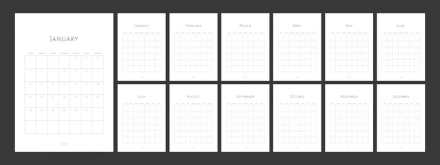Calendar 2025. Calendar template 2025 for wall and desk use. Set of ready to print monthly vertical A4 designs. Minimal grid planner modern 2025 calendar.