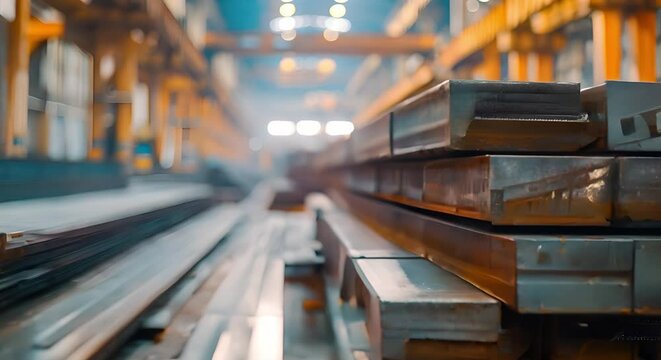 Steel materials in an industrial warehouse for construction and manufacturing purposes. Concept Steel Beams, Industrial Warehouse, Construction Materials, Manufacturing Industry, Steel Fabrication