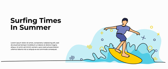 Vector illustration of  a man is surfing. Modern flat in continuous line style.
