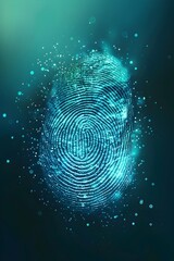 Miscellaneous biometric data illustration of a digital fingerprint in the style of a blue and white color theme as vector graphics on a dark green gradient background with a light glow